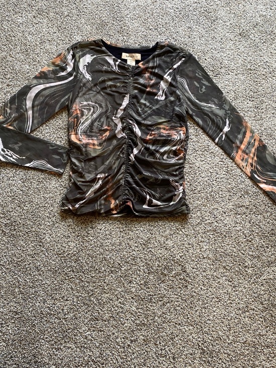 Bailey 44 Tops - Bailey 44 Black Swirl Mesh Ruched Long-Sleeve Top with Peach Accents